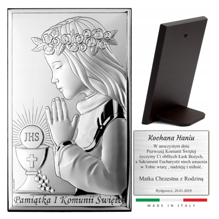 PAMIĄTKA PIERWSZEJ KOMUNII ŚWIĘTEJ SREBRNY OBRAZEK PREZENT GRAWER DEDYKACJA