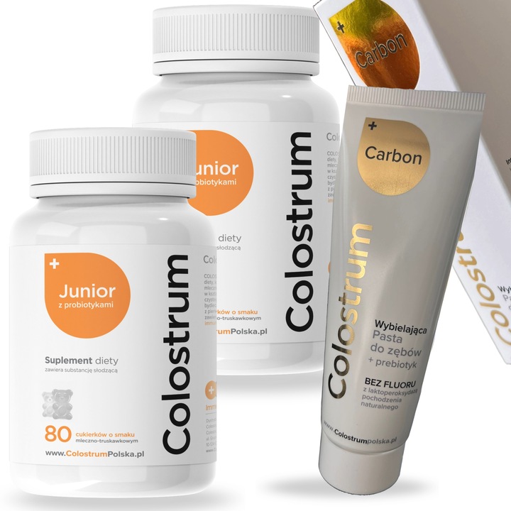 2x Colostrum dla Dzieci Junior PROBIOTYK i Colostrum CARBON pasta do zębów