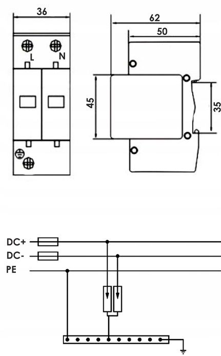 OGRANICZNIK OCHRONNIK PRZEPIĘĆ PRZEPIĘCIOWY FOTOWOLTAIKA 1000V DC 2P