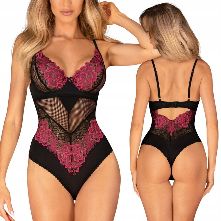 Rosenty body czarne z siateczki z fiszbinami i różowym haftem M/L Obsessive
