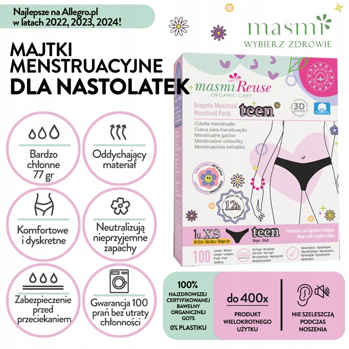 Majtki menstruacyjne ekologiczne Masmi DLA NASTOLATEK XS 100% bawełna BIO