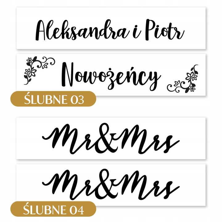 Tablice samochodowe na wesele 50x11cm złote czarne napisy ŚLUB WESELE WZORY