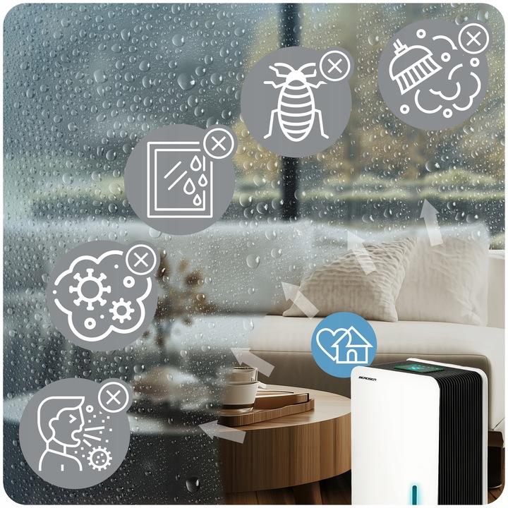 OSUSZACZ POWIETRZA POCHŁANIACZ WILGOCI 64W HEPA 34dB TIMER LED Berdsen