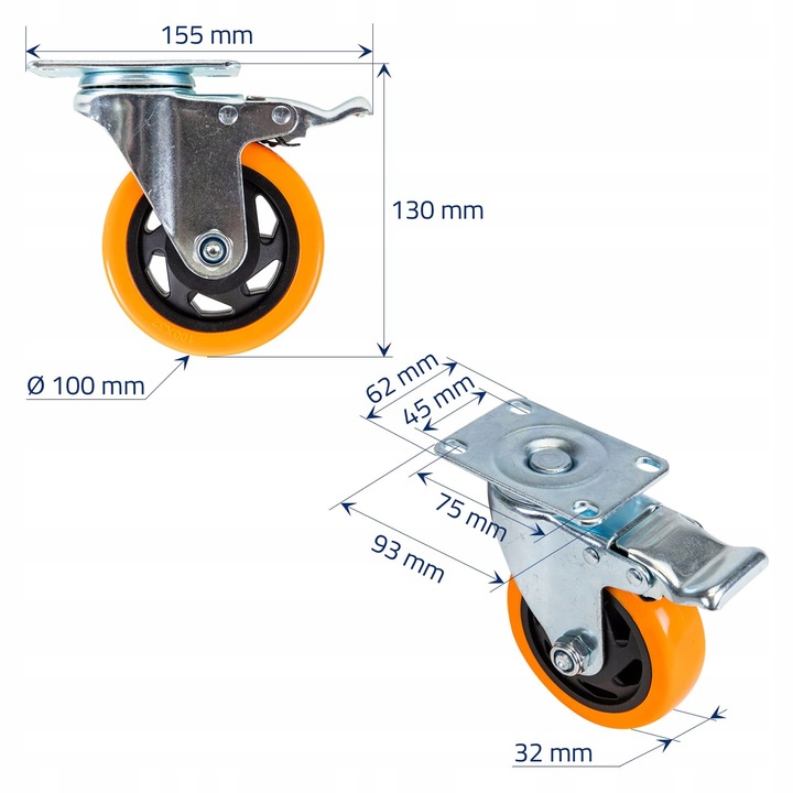 OBROTOWE KÓŁKA PRZEMYSŁOWE Z HAMULCEM DO DUŻYCH OBCIĄŻEŃ 460Kg 100mm