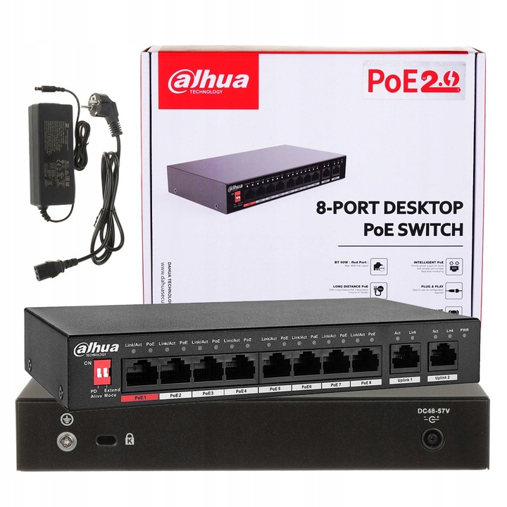 Switch PoE Dahua 8-portowy (Switch PoE 8+2, 1xHiPoE, Uplink 1000Mbps, 96W)