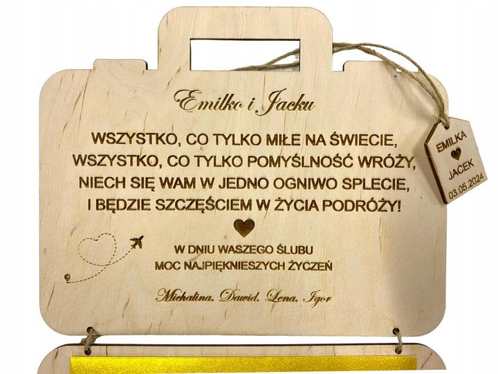 Kartka Na Ślub Ślubna Drewniana kartka Grawer walizka