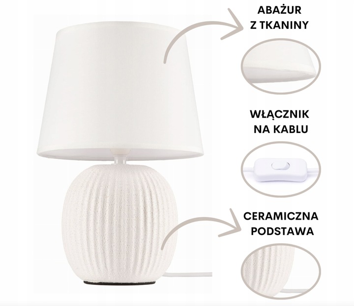 Lampka nocna z abażurem biała ceramiczna ryflowana DION D2
