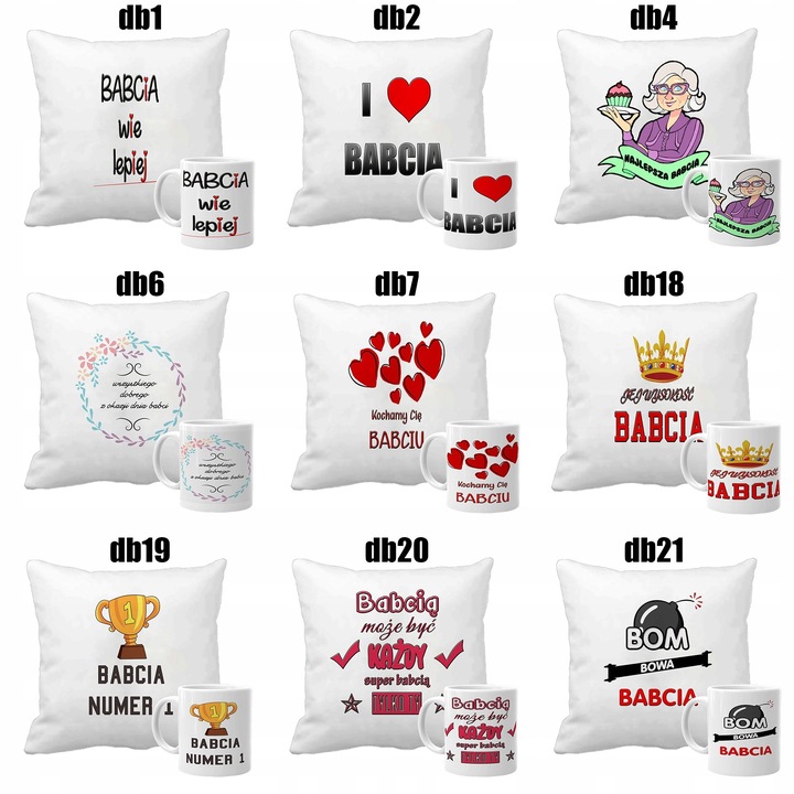 Zestaw 2 poduszki 2 kubki z nadrukiem prezent Dzień Dziadka i Babci wzory