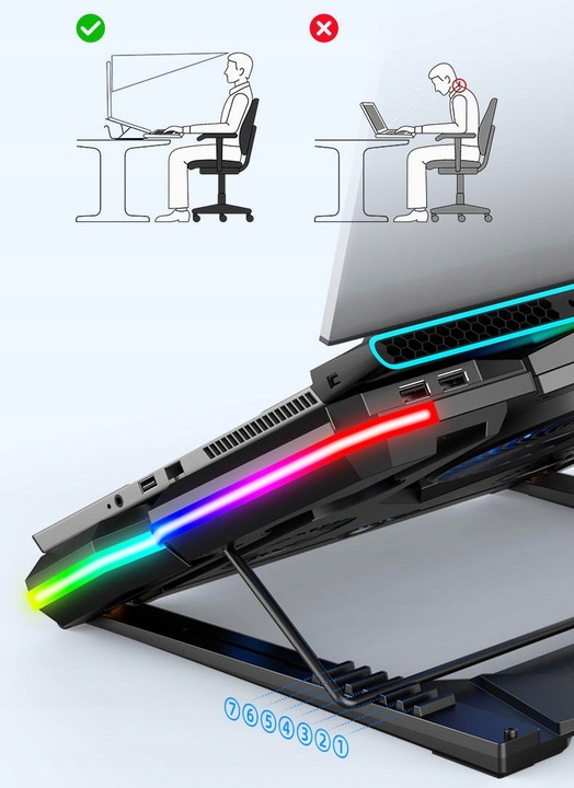 PODSTAWKA PODKŁADKA CHŁODZĄCA POD LAPTOPA PODŚWIETLANA + UCHWYT NA TELEFON