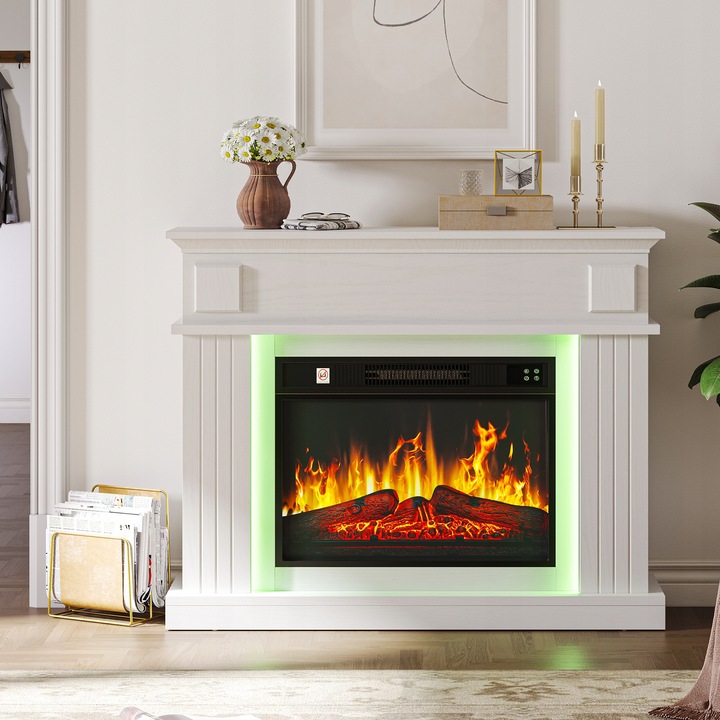 Kominek elektryczny z ogrzewaniem, płomień 3D, luksusowy biały