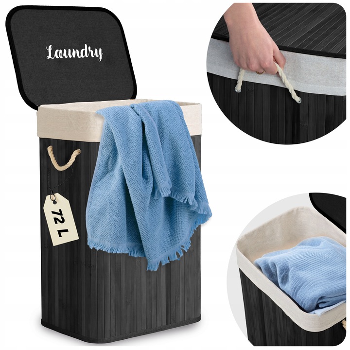 BAMBUSOWY KOSZ NA PRANIE BIELIZNĘ DUŻY POJEMNIK Z POKRYWĄ 72L