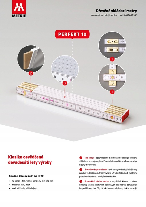 Miara składana drewniana 2 m biała METRIE Perfekt przeguby stalowe 10