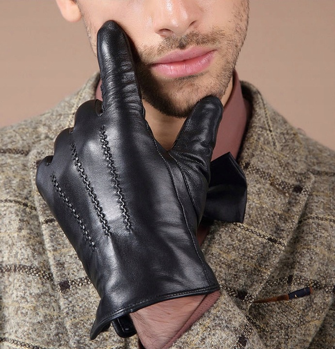 DOTYKOWE RĘKAWICZKI SKÓRZANE MĘSKIE SKÓRA CIELĘCA OCIEPLANE MIŚ roz. L