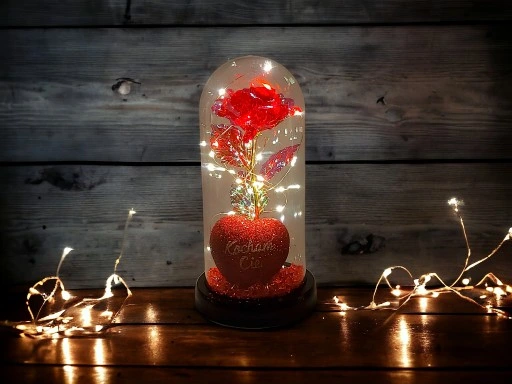 WIECZNA RÓŻA W SZKLE W KOPULE ŚWIECĄCA NA WALENTYNKI LED PREZENT PUDEŁKO
