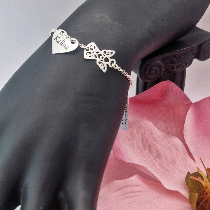 SREBRNA BRANSOLETKA ANIOŁEK I KOMUNIA ŚW. SERCE SWAROVSKI GRAWER
