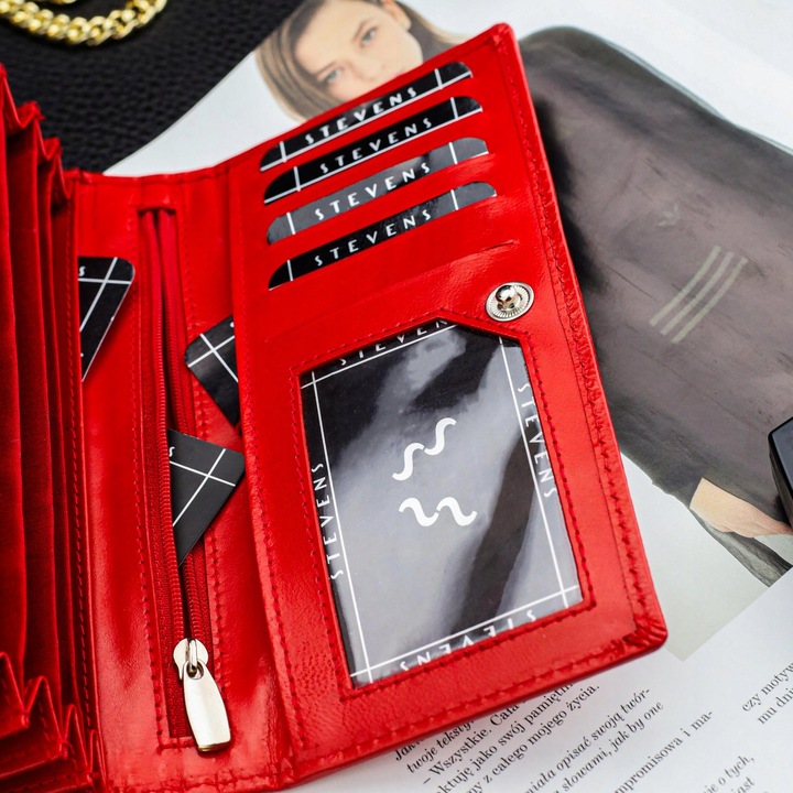 Duży Pojemny Portfel Damski Skórzany STEVENS Czerwony Z Ochroną RFID