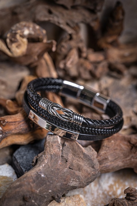 Bransoletka Męska Czarna ze Skóry Srebrna GRAWER Prezent Dla Męża Chłopaka
