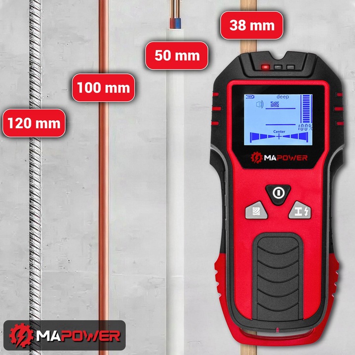 WYKRYWACZ PRZEWODÓW DETEKTOR DREWNA METALU KABLI RUR W ŚCIANIE MAPOWER