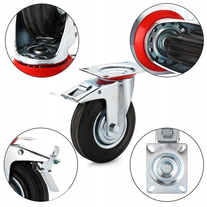 4x Kółka Obrotowe z Hamulcem Skrętne 125mm 400kg Gumowe Zestaw Do