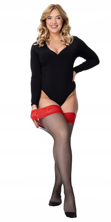 Pończochy samonośne PLUS SIZE 30 DEN koronka 8 cm | #7/8 | czarny+ czerwony