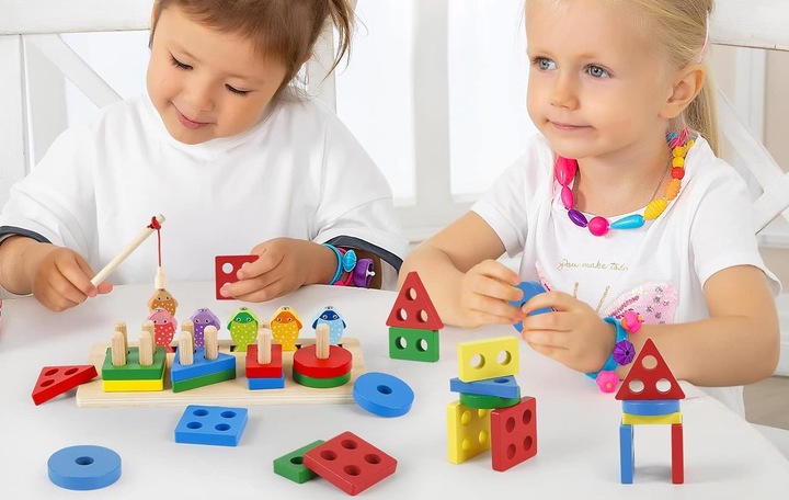 V4 ŁOWIENIE RYBEK SORTER DREWNIANY UKŁADANKA FIGURY 4 WIEŻE WĘDKA RYBKI 2w1