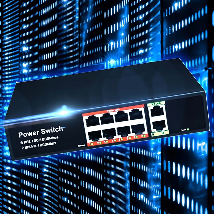 Switch POE 8+2 8xPOE 2xUplink 10/100Mbps PoE+ do Kamer + funkcja EXTEND