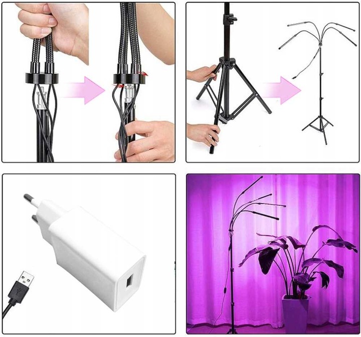 4x LAMPA PANEL DO WZROSTU UPRAWY ROŚLIN FULL SPECTRUM TIMER USB 36W 80 LED
