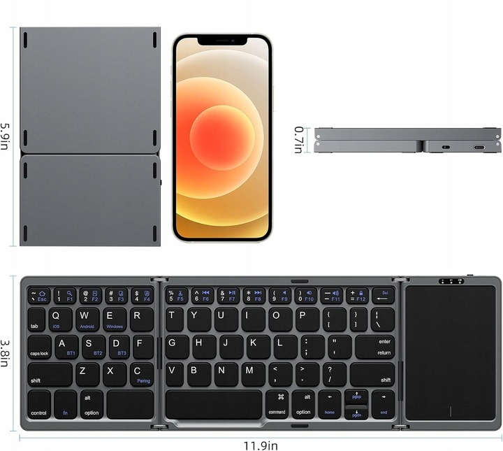 Wysokiej klasy, ultraprzenośna, składana klawiatura Bluetooth z touchpadem