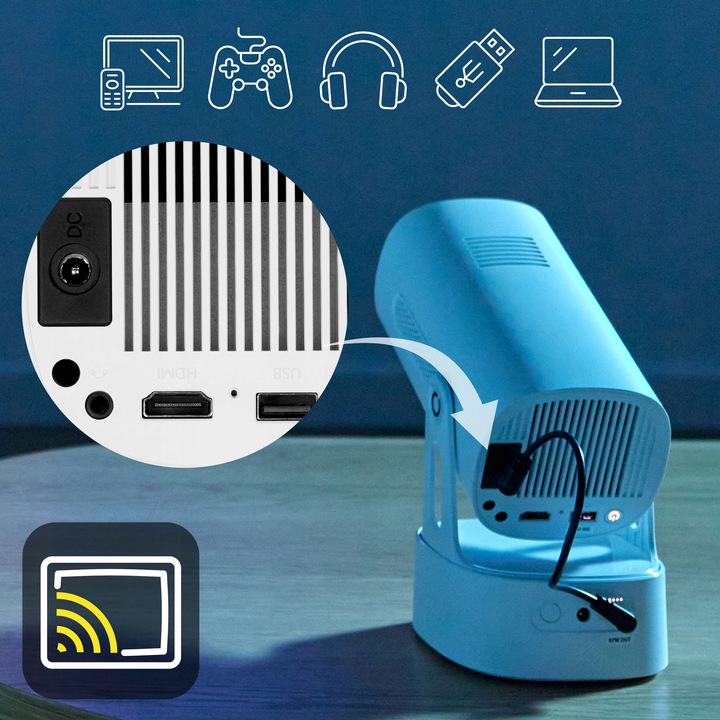 PROJEKTOR RZUTNIK ANDROID TV WIFI BEZPRZEWODOWY OBROTOWY LED PRZENOŚNY