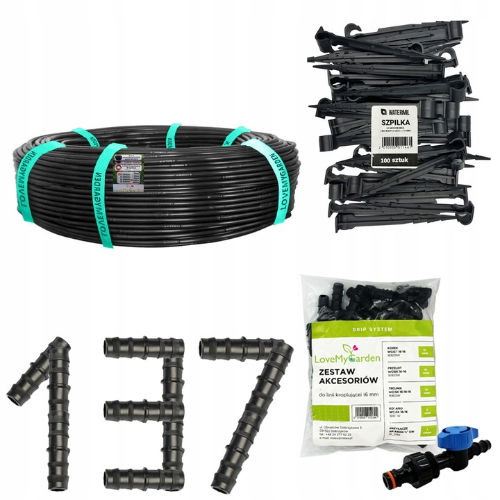 Linia kroplująca 16mm 100m z kompensacją 137 akcesoriów Wąż kropelkowy