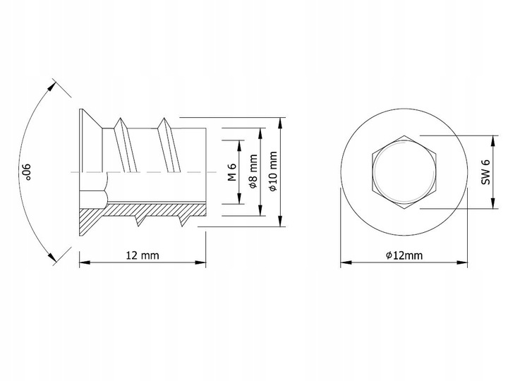 100x Mufa dwugwintowa wkręcana z kołnierzem wpustka wkręt do drewna M6