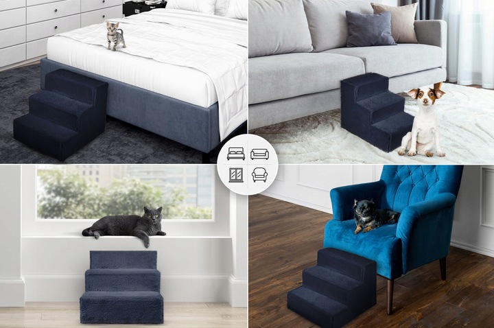 Schodki dla psa 3-stopnie tapicerowane granatowe podest dla psa do kanapy