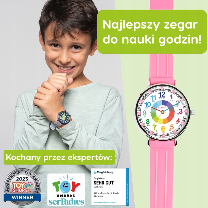 Zegarek dla dzieci, edukacyjny, różowy, analogowy, do nauki czasu