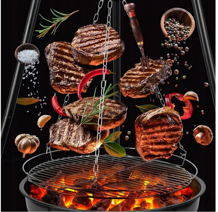 GRILL OGRODOWY WISZĄCY PALENISKO TRÓJNÓG DUŻY 50CM RUSZT + MATY WĘGLOWY