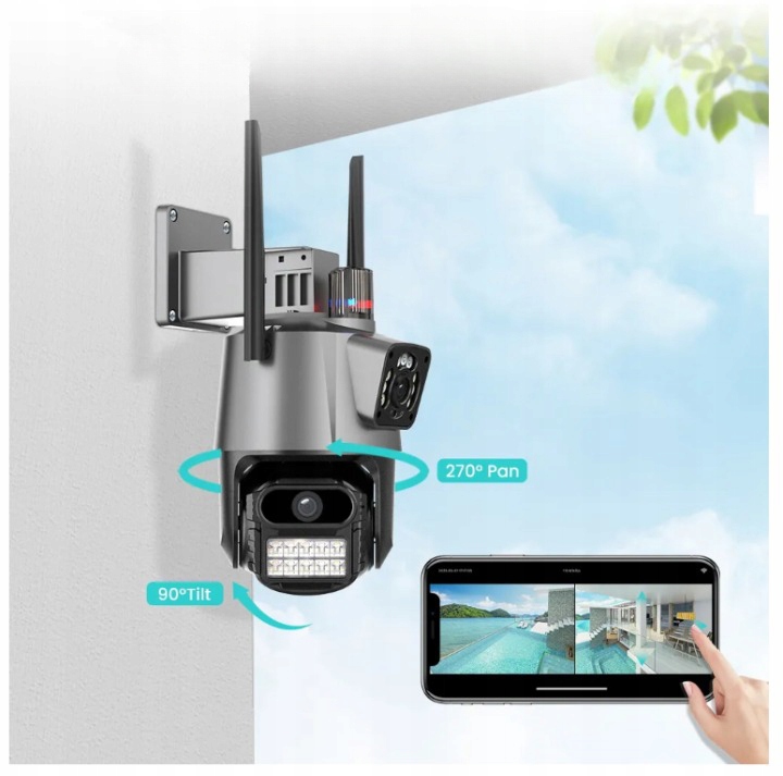 PODWÓJNA KAMERA ZEWNĘTRZNA OBROTOWA ALARM 8MP WIFI 3w1 2 OBIEKTYWY ICSEE