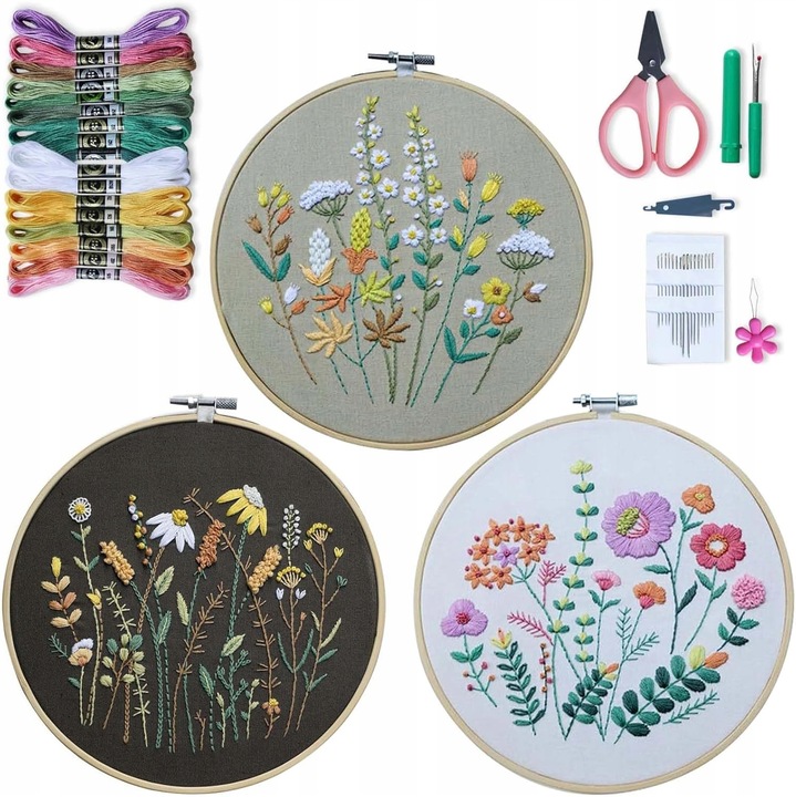 ZESTAW DO HAFTOWANIA 3 SZT HAFT DIY 16x IGŁA OBRĘCZ 20 CM WZORY VIDEO