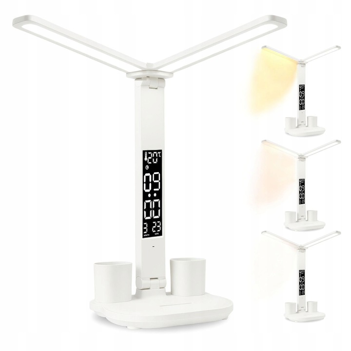 PODWÓJNA LAMPKA BIURKOWA LED Z WYŚWIETLACZEM ZEGAR ORGANIZER TEMP.