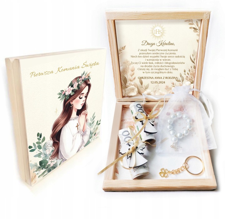 Pamiątka Komunii Świętej PREZENT Na Komunię Różaniec Brelok Pudełko