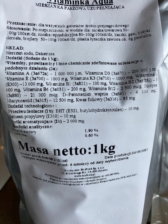 Witaminy do wody dla kur 1kg VitaminkaAquaBIOFEED