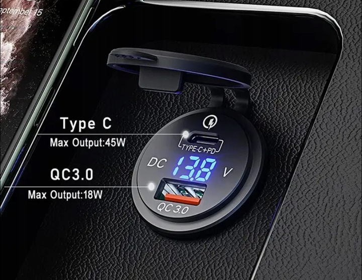 Gniazdo samochodowe USB QC 3.0 PD WOLOTMIERZ 12V 24V IP65 transparent 63W