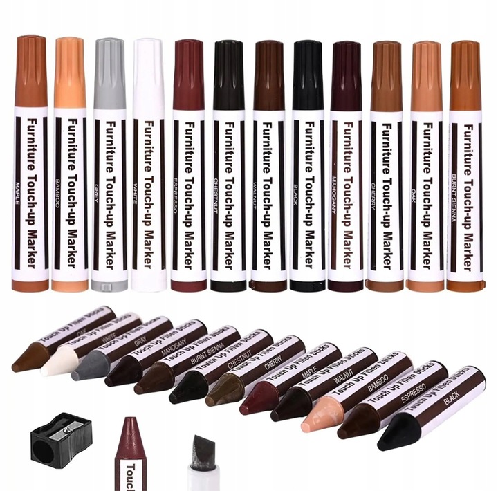 DUŻY ZESTAW DO NAPRAWY MEBLI PANELI DREWNA RYS MARKERY WOSKI 24 SZT