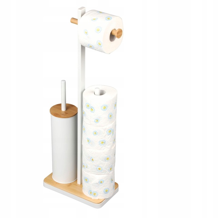 Stojak na papier toaletowy z uchwytem i szczotką WC biały bambus YOKA