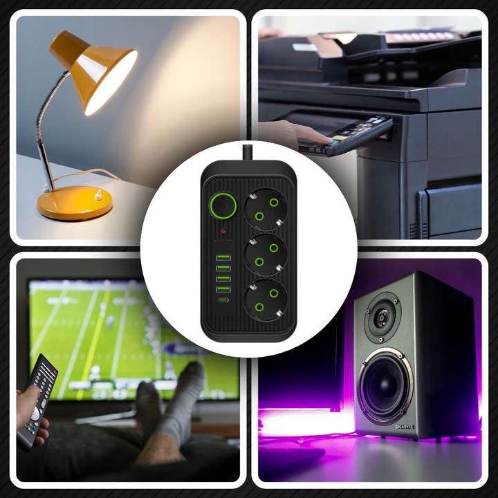 PRZEDŁUŻACZ LISTWA ZASILAJĄCA 1.8M 3 GNIAZDA 230V + 5X USB USB-C ŁADOWARKA