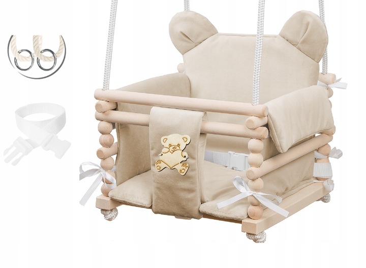 Huśtawka dla dziecka 3w1 z drewna z oparciem 6m+ do domu ogrodu Beżowa