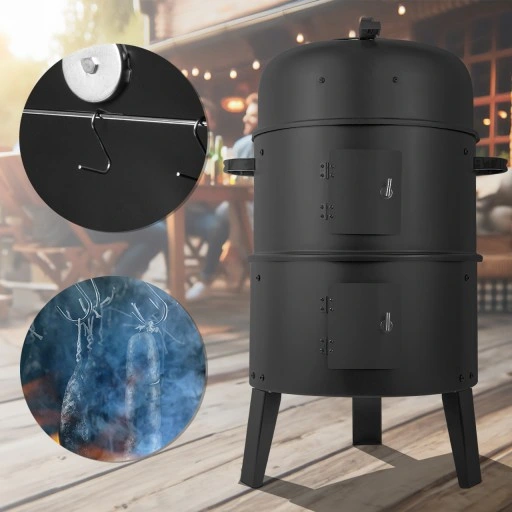 GRILL OGRODOWY WĘGLOWY WĘDZARNIA PALENISKO TERMOMETR OKRĄGŁY PRZENOŚNY 3W1