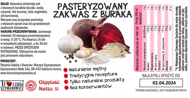 Zakwas z buraków z czosnkiem i przyprawami 5l