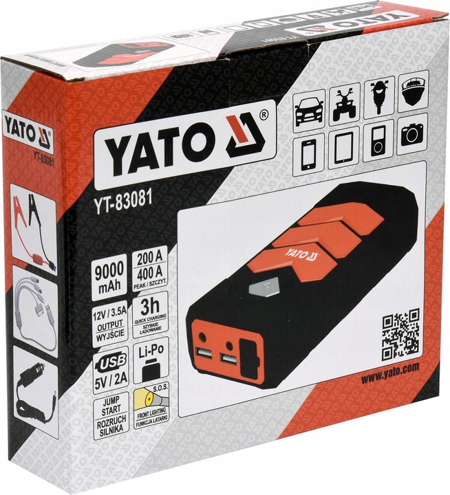 YATO URZĄDZENIE ROZRUCHOWE JUMP STARTER POWER BANK RESTARTER 9000mA
