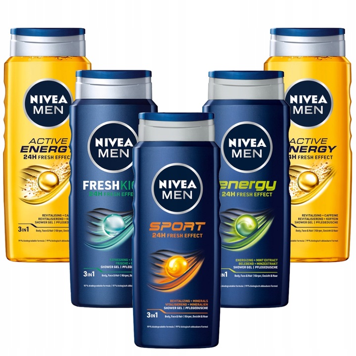 NIVEA MEN 3w1 Żel pod prysznic męski zestaw - Płyn do mycia 500ml x5
