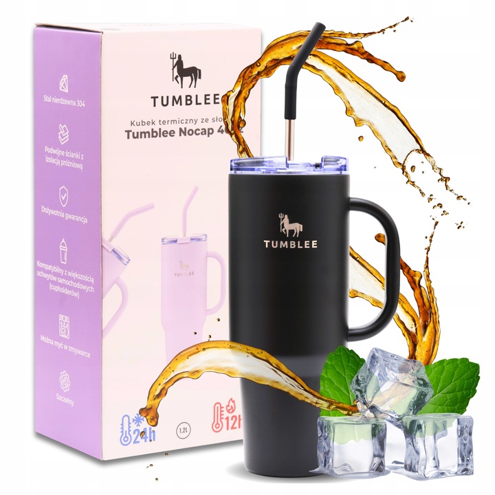 DUŻY Kubek Termiczny ze STALOWĄ SŁOMKĄ do Auta na Kawę Herbatę Zimne Napoje