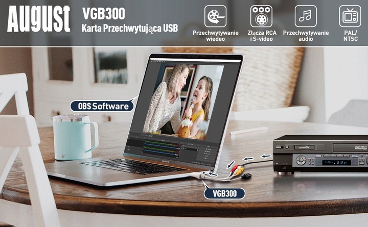 August VGB300 Video Grabber USB zgrywaj VHS na PC
